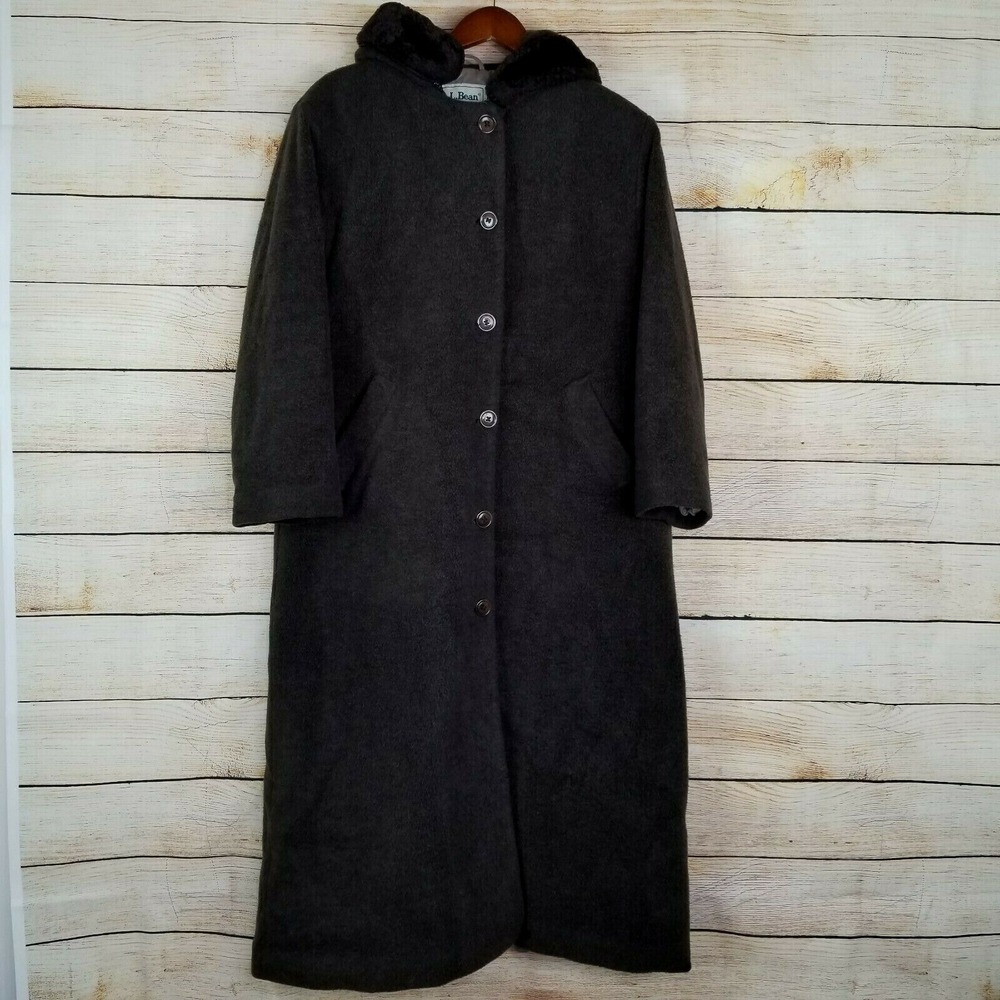 Vintage LL Bean Women's Long Fleece Trench Coat Jacket Sz M Petite Brown 90s 80s